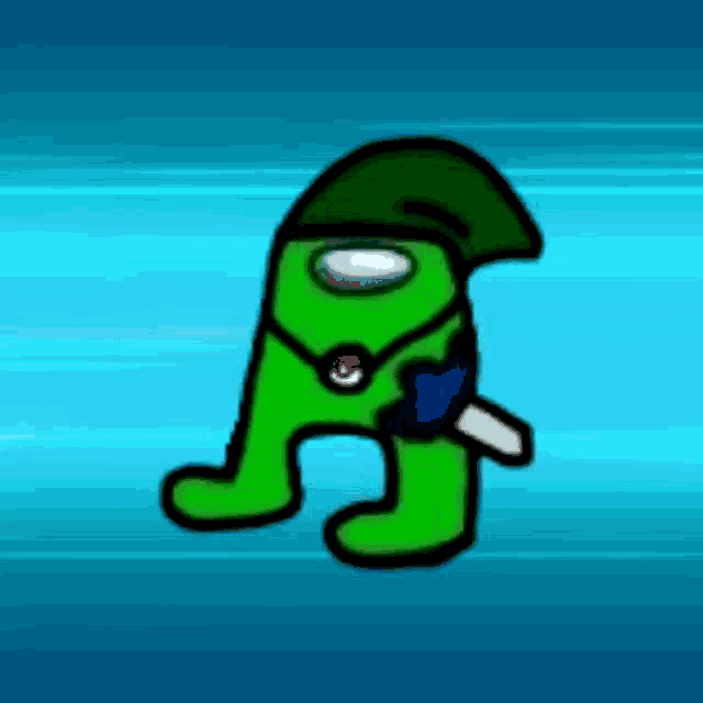 a green among us character is holding a sword and wearing a green hat .