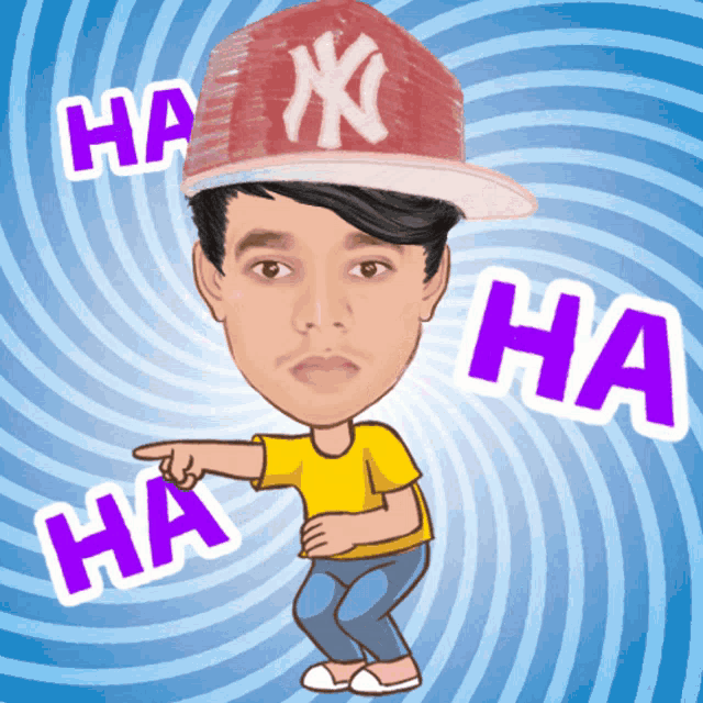a cartoon of a boy wearing a ny yankees hat pointing
