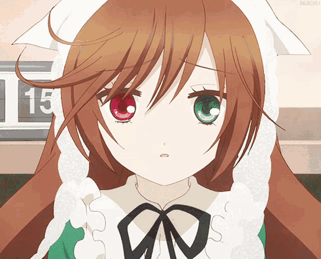 a girl with red and green eyes stands in front of a clock with the number 15 on it