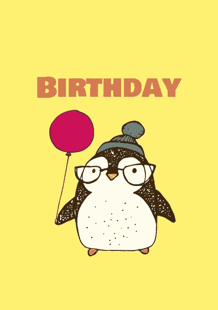 a happy birthday card with a penguin wearing glasses and a hat holding a balloon