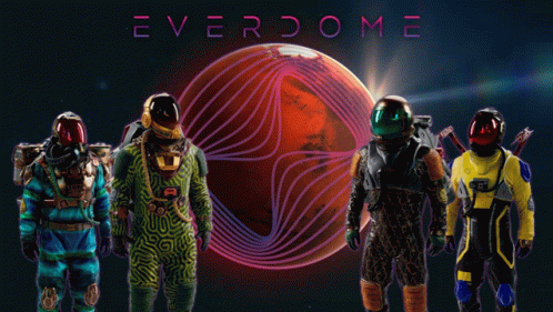 a group of astronauts are standing in front of a red planet with the word everdome on it