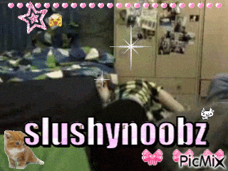 a picture of a person laying on a bed with the name slushynoobz on it