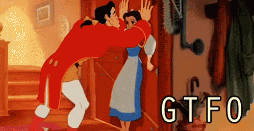 a cartoon of a man kissing a woman on the cheek in a room with the words gtfo below them .