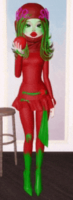 a girl in a red dress and green boots holds an apple