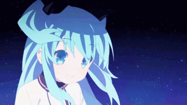 a blue haired anime girl with a black bow on her head