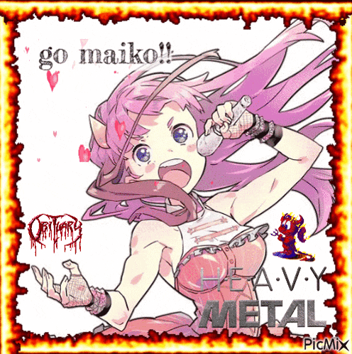 a picture of a girl singing into a microphone with the words go maiko on it