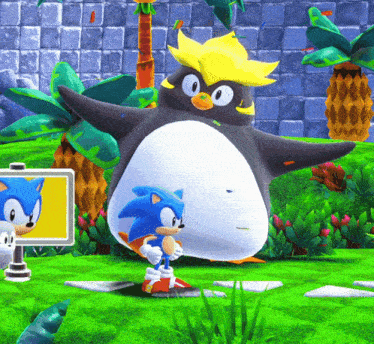 sonic the hedgehog is standing next to a large penguin in a video game