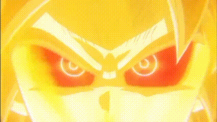 a close up of a person 's face with glowing eyes and a yellow background .