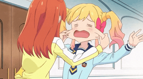 a cartoon of two girls with one wearing a blue uniform with a badge that says ' a ' on it