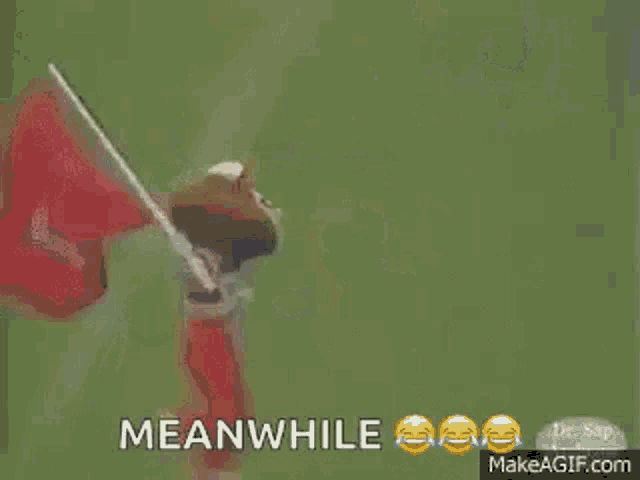 a mascot is holding a red flag with the letter c on it and says meanwhile .