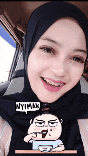 a woman wearing a black hijab has a cartoon character on her shirt that says " nyemak "