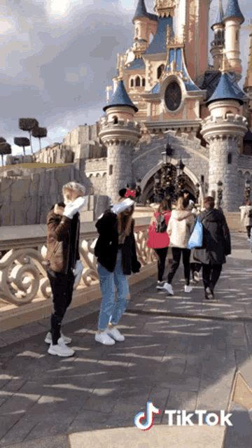 a group of people standing in front of a castle with a tiktok watermark on the bottom right