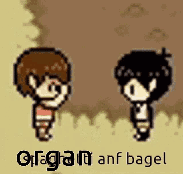 two cartoon characters are standing next to each other and the words organ anf bagel are on the bottom