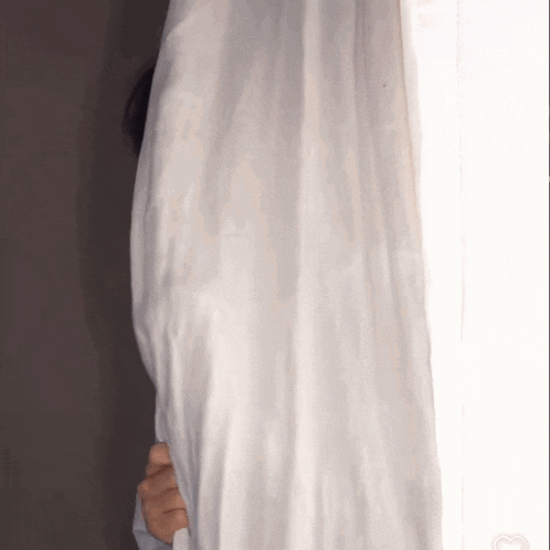 a person is peeking through a white curtain .