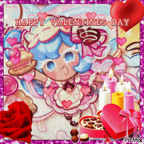 a valentine 's day greeting card with a girl and candles and a rose