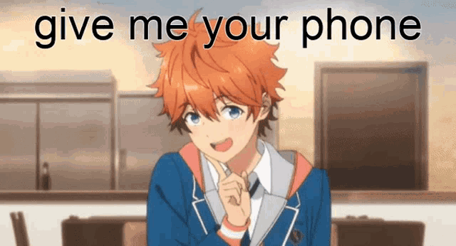 a boy in a suit is smiling with the words give me your phone below him