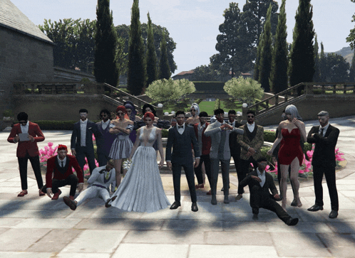 a bride and groom pose with their wedding party