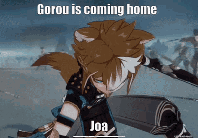 a video game character with the caption " gorou is coming home "