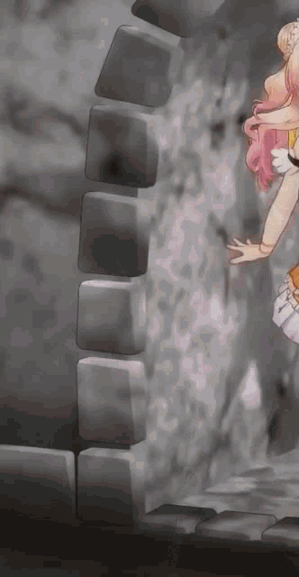 a girl with pink hair is climbing a stone wall .