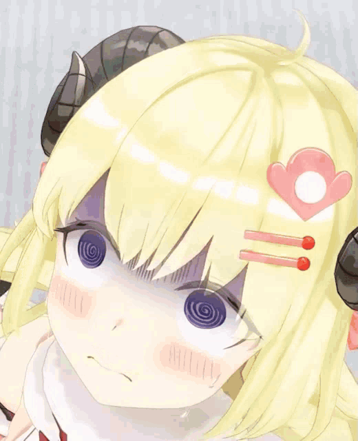 a close up of a cartoon character with a swirling eye