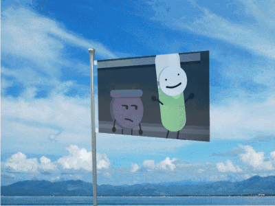 a flag with a picture of a purple and green object on it