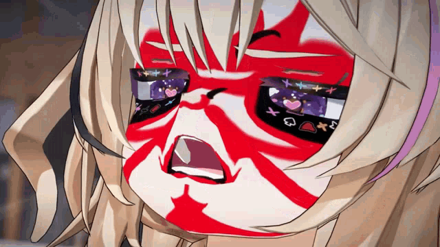 a close up of a cartoon character with a red and white face paint