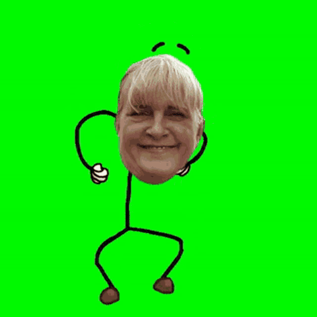 a stick figure with a woman 's head and arms on a green screen .