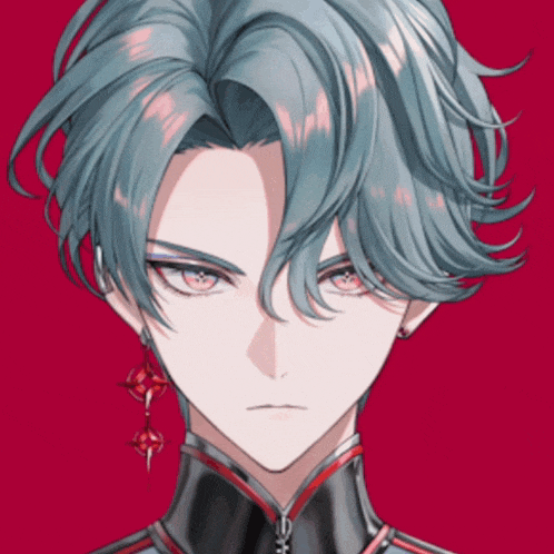 a close up of a person 's face with blue hair on a red background