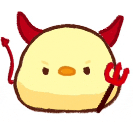 a yellow cartoon chicken with red horns and a trident