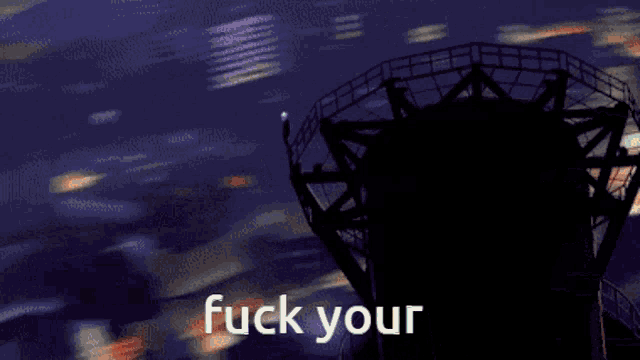 a silhouette of a person standing on top of a building with the words " fuck your " written below it