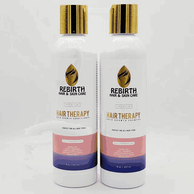 three bottles of rebirth hair and skin care products including a bottle of hair therapy vitamin gummies