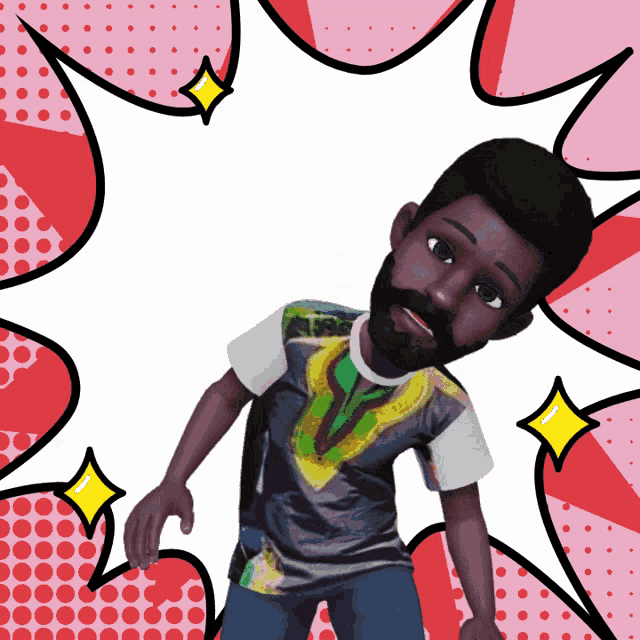 a cartoon drawing of a man with a beard wearing a shirt with a green and yellow design