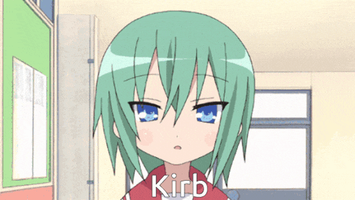 a girl with green hair has the word kirb on her chest
