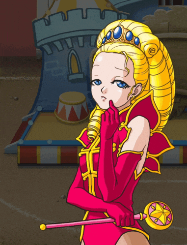 a cartoon drawing of a woman in a red and gold outfit