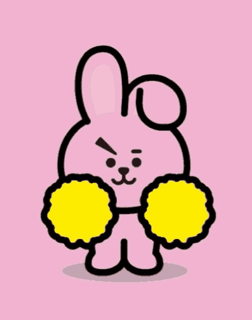 a pink bunny with yellow pom poms on its arms