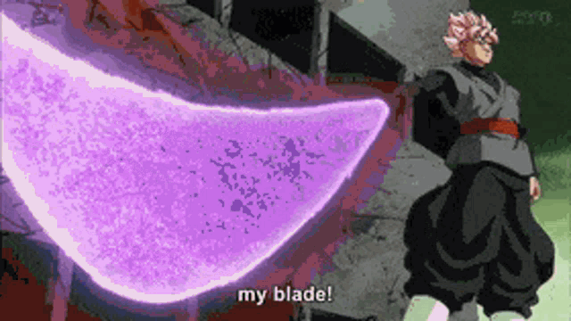a pixel art of a man holding a purple sword and saying my blade .
