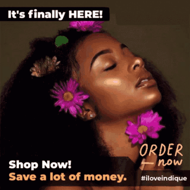 a woman with purple flowers in her hair and the words it 's finally here