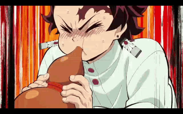 a man in a white shirt is holding a brown object in his mouth