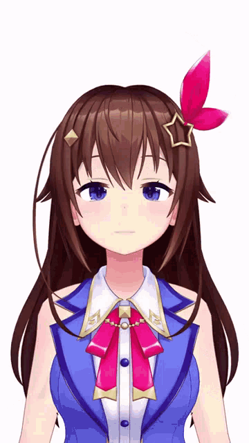 a girl with long brown hair and blue eyes has a star in her hair