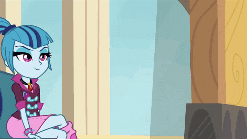 a cartoon character with blue hair and red eyes is sitting on a couch