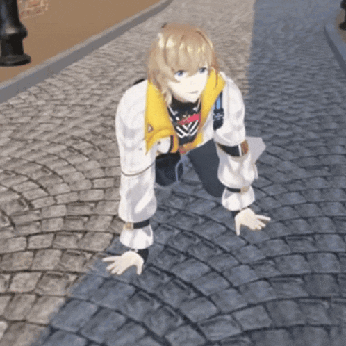 a cartoon character is kneeling down on a brick pavement