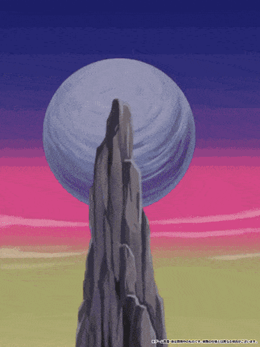 a cartoon drawing of a mountain with a planet in the sky