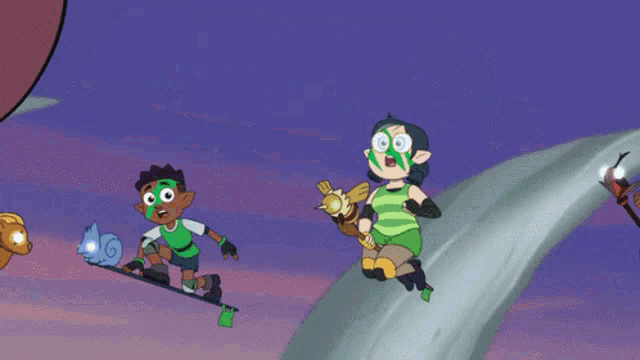 a group of cartoon characters are flying through the air and one has a green mask on