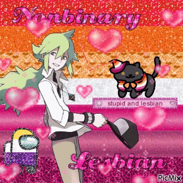 a picture of a man holding a frying pan with the words " nonbinary lesbian " written on it