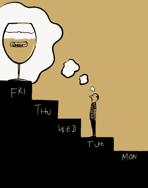 a cartoon shows a man standing on a set of stairs with a glass of beer above him