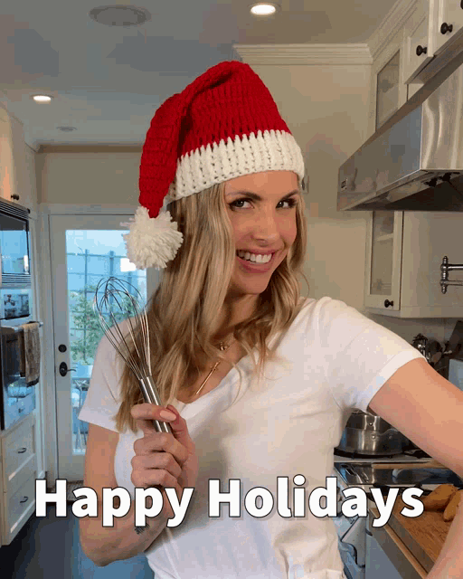 a woman wearing a santa hat is holding a whisk and the words happy holidays are below her