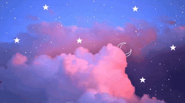 a pink cloud with a crescent moon and stars