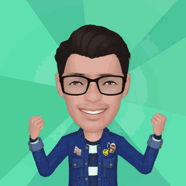 a cartoon of a man wearing glasses and a blue jacket with his fist in the air