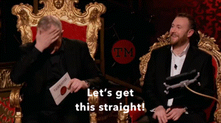 two men are sitting in a chair with the words let 's get this straight in the corner