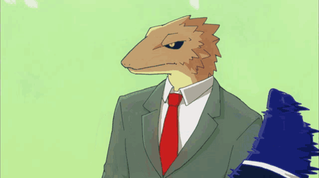 a drawing of a lizard wearing a suit and red tie